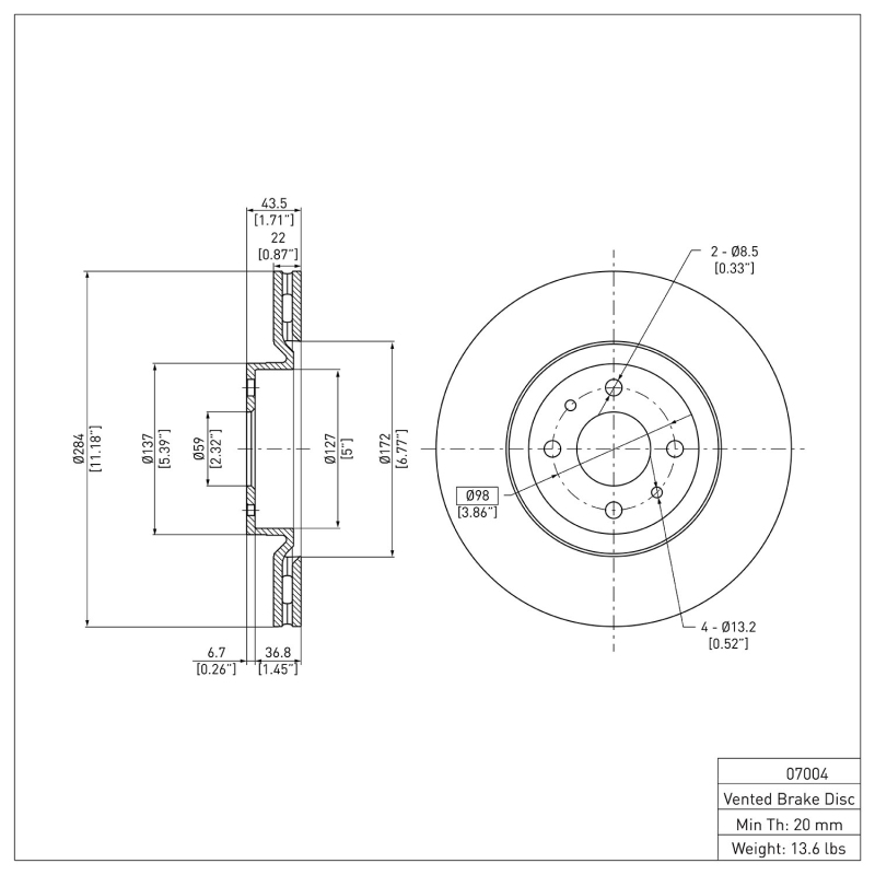 Fiat 500 Brake Rotor (1) - Front - R1 Concepts - Plain - `12-`19